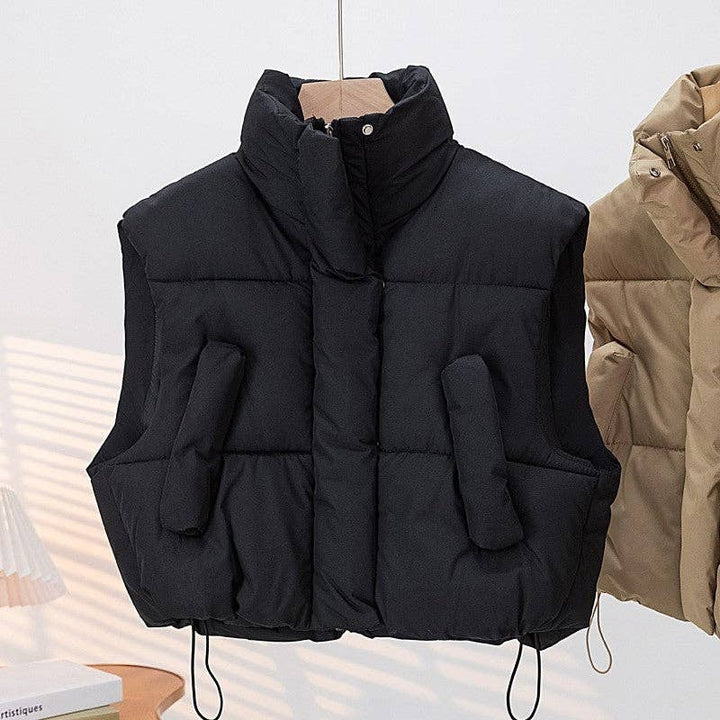 Solid Color Stand Collar Thick Loose Short Cotton Vest - The Village Retail