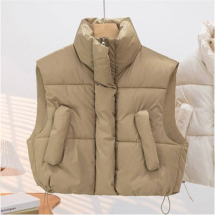 Solid Color Stand Collar Thick Loose Short Cotton Vest - The Village Retail