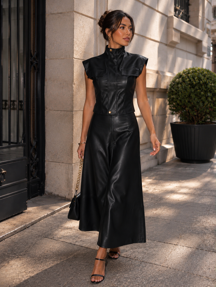 Faux Leather Utility Vest & Maxi Skirt Set