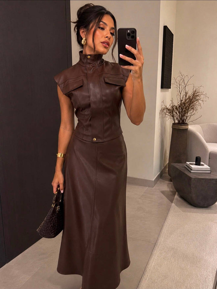 Faux Leather Utility Vest & Maxi Skirt Set