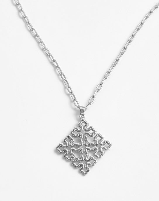 Silver-tone Bela 1.0 necklace with an ornate Ethiopian cross pendant on an oval-link chain