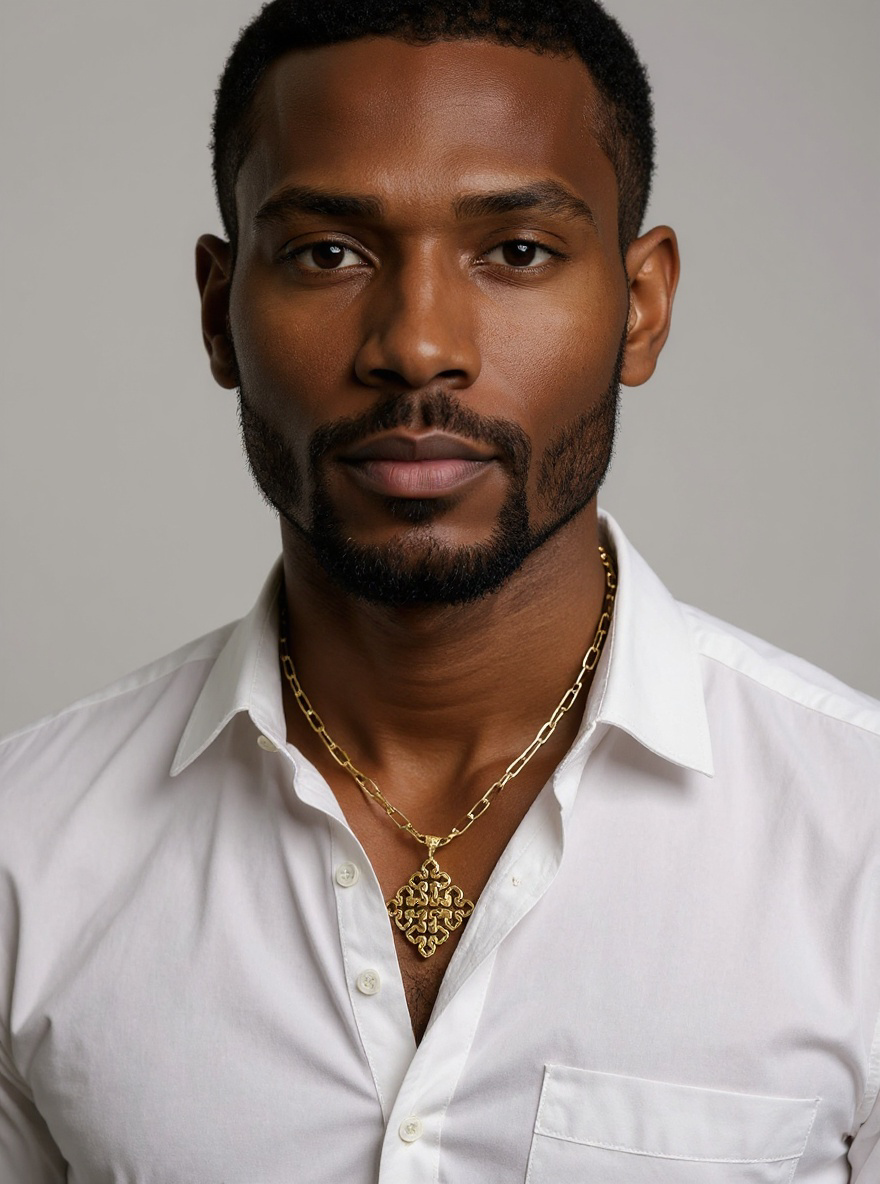 Model wearing the gold-tone Bela 2.0 Ethiopian cross pendant necklace with an open-collar white shirt