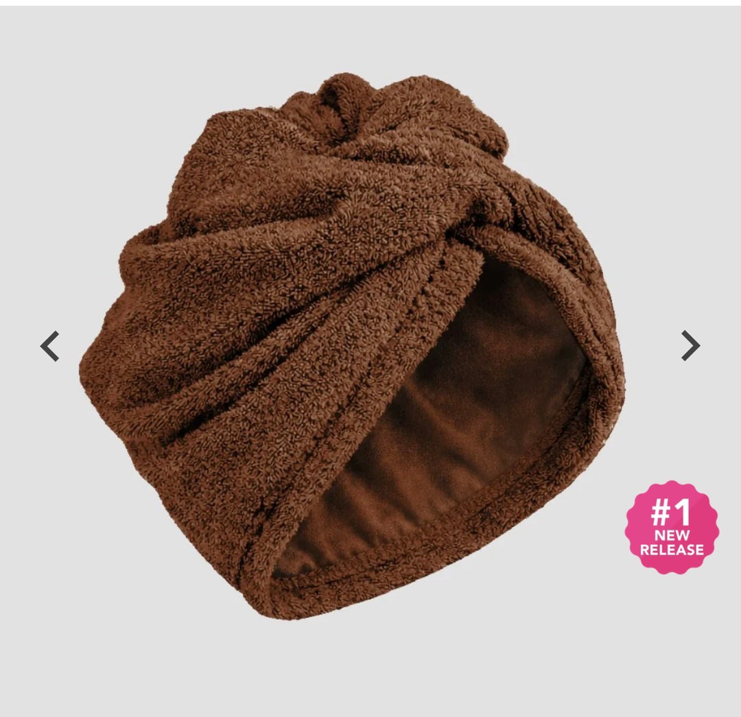 Mocha Hairbrella towel turban with a twisted microfiber front and matching satin lining visible inside.