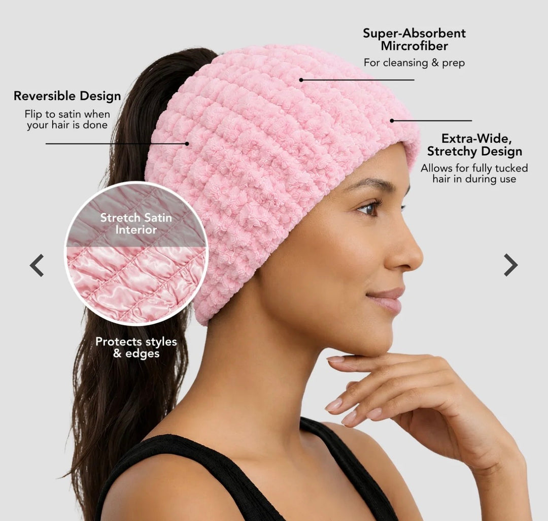 Side view of a model wearing the wide pink Hairbrella spa headband, with an inset showing its satin interior.