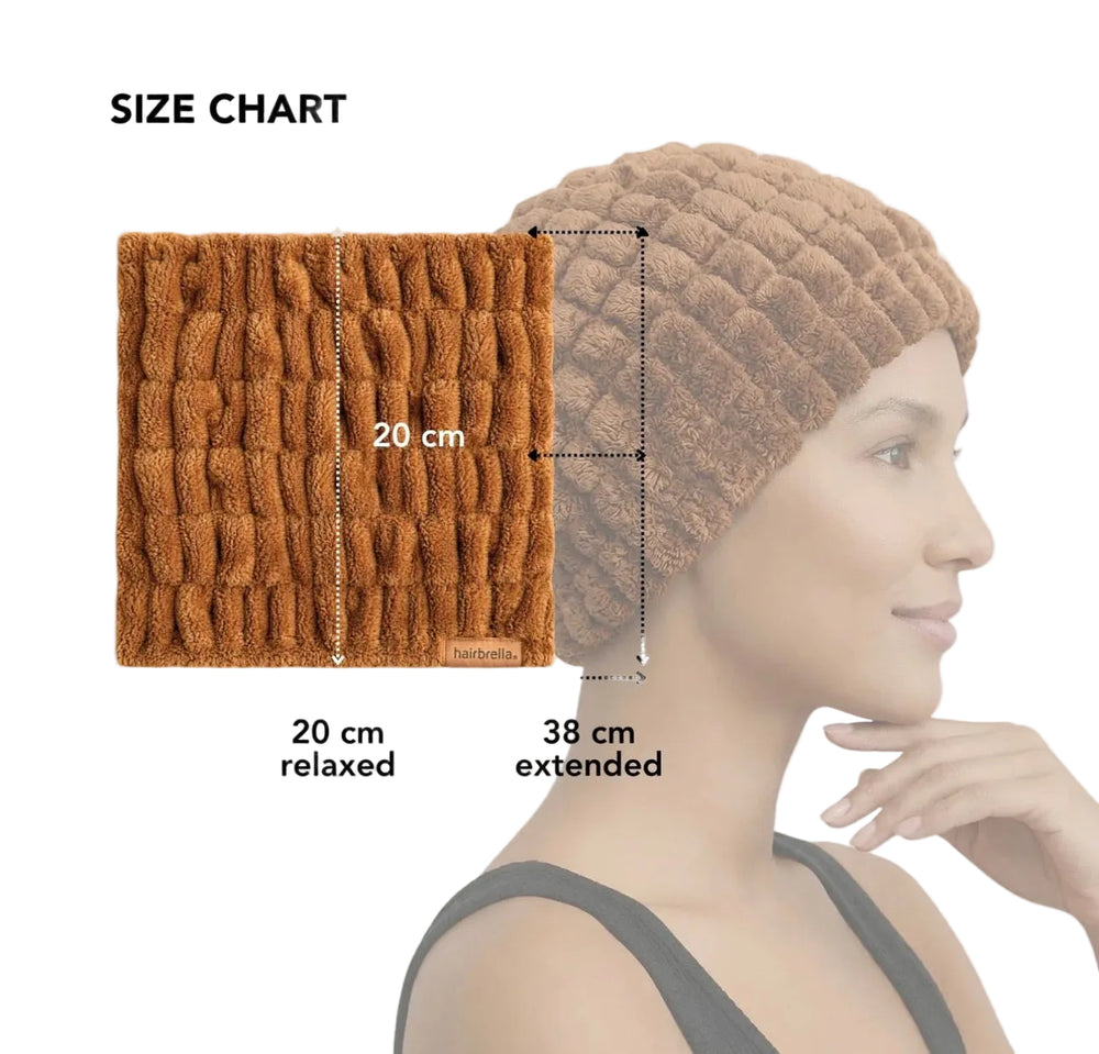 Hairbrella headband size chart labeled 20 cm relaxed and 38 cm extended, beside a model wearing the mocha headband.