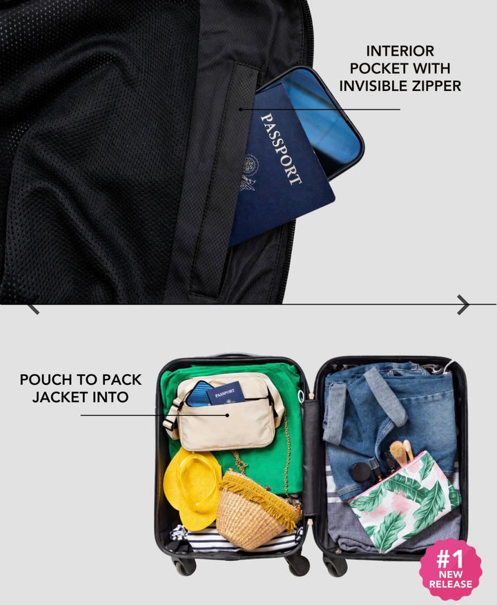 Hairbrella jacket interior zip pocket holding a phone and passport, above a packed suitcase with the jacket pouch.