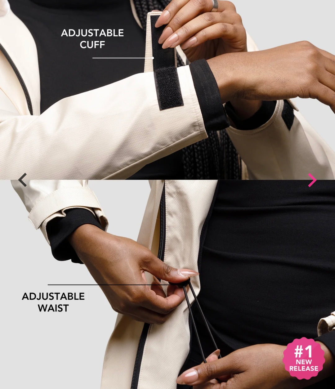 Two close-ups of a cream Hairbrella jacket showing an adjustable cuff tab and an interior waist drawcord.