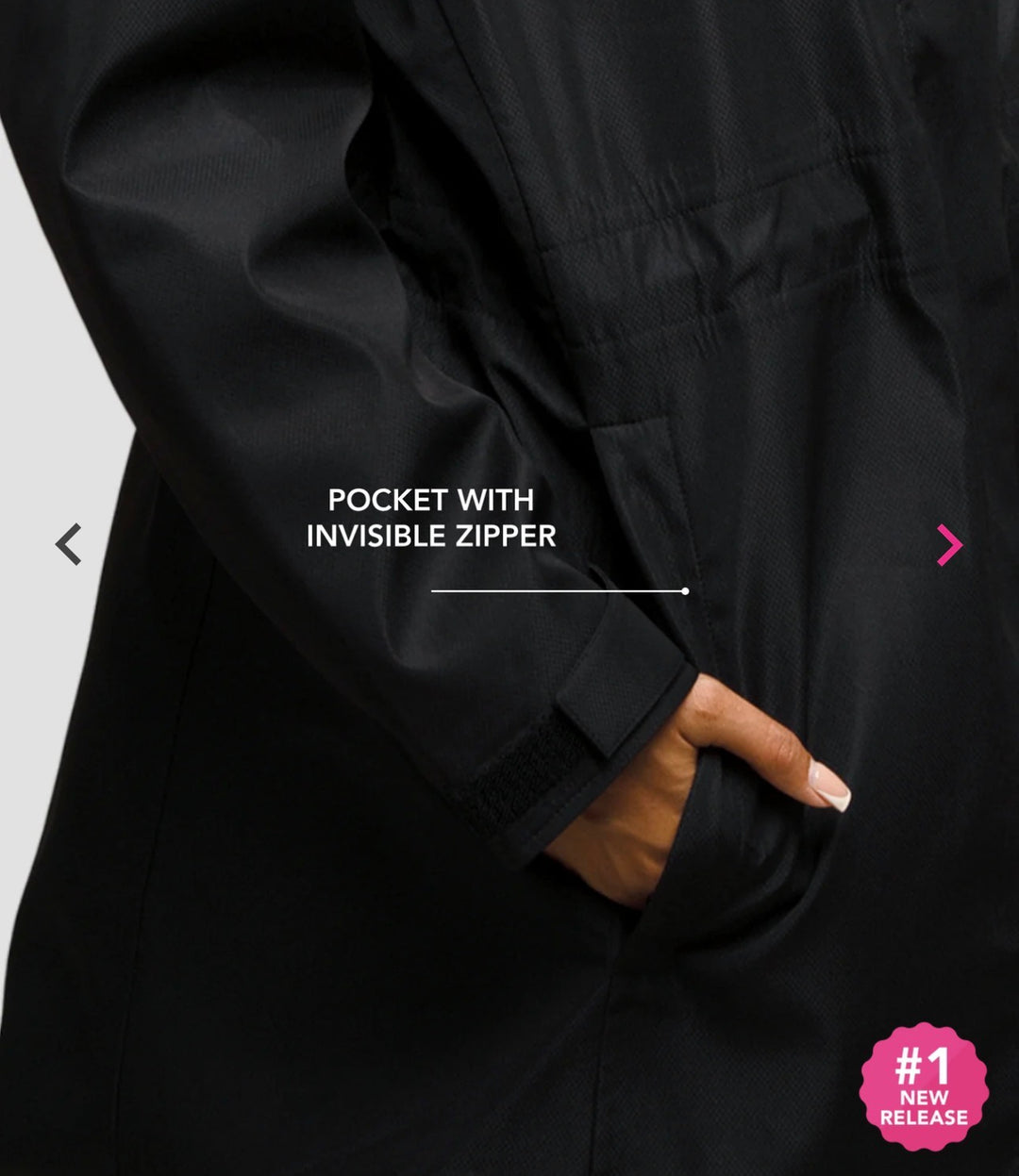 Close-up of a hand in the black Hairbrella jacket pocket, with a callout identifying its concealed zipper.