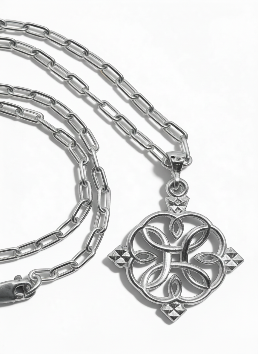 Silver-tone Liya 1.0 circular cross pendant with its chain and clasp arranged on a white background