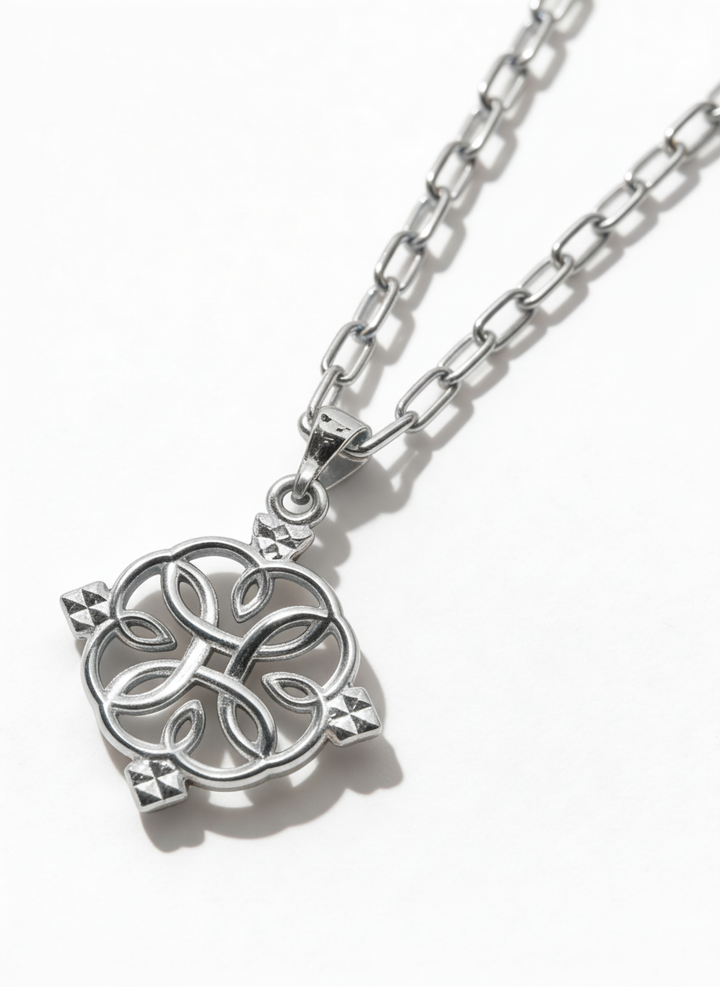 Silver-tone Liya 1.0 necklace with a circular openwork Ethiopian cross pendant and rectangular-link chain