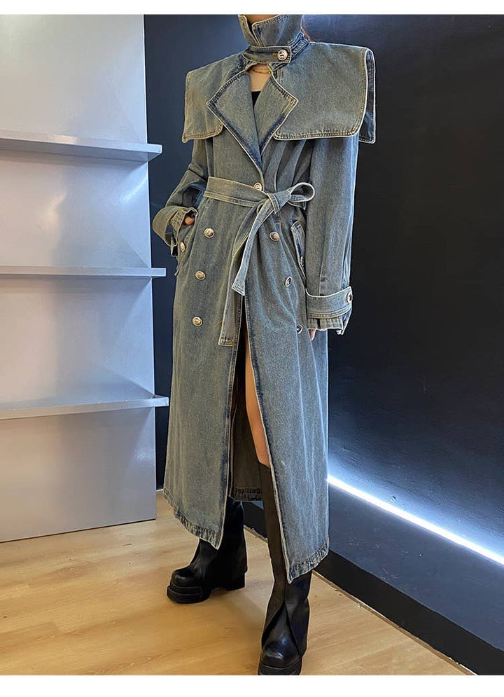 Autumn Heavy - duty Denim Collar Long Coat - The Village Retail