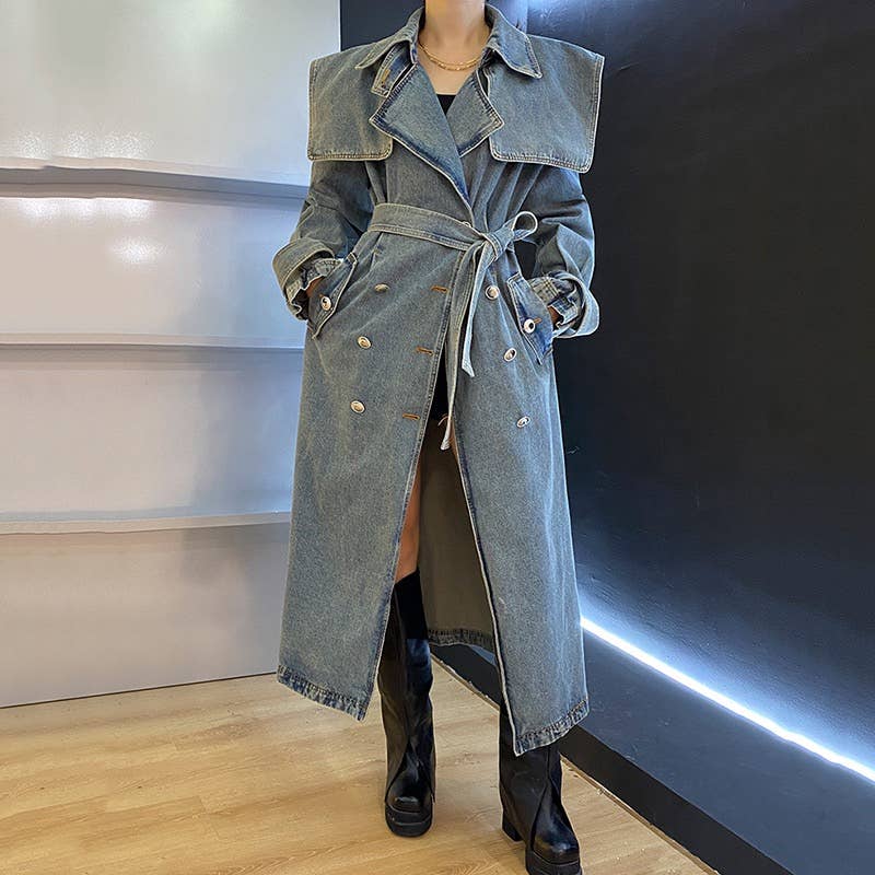 Autumn Heavy - duty Denim Collar Long Coat - The Village Retail