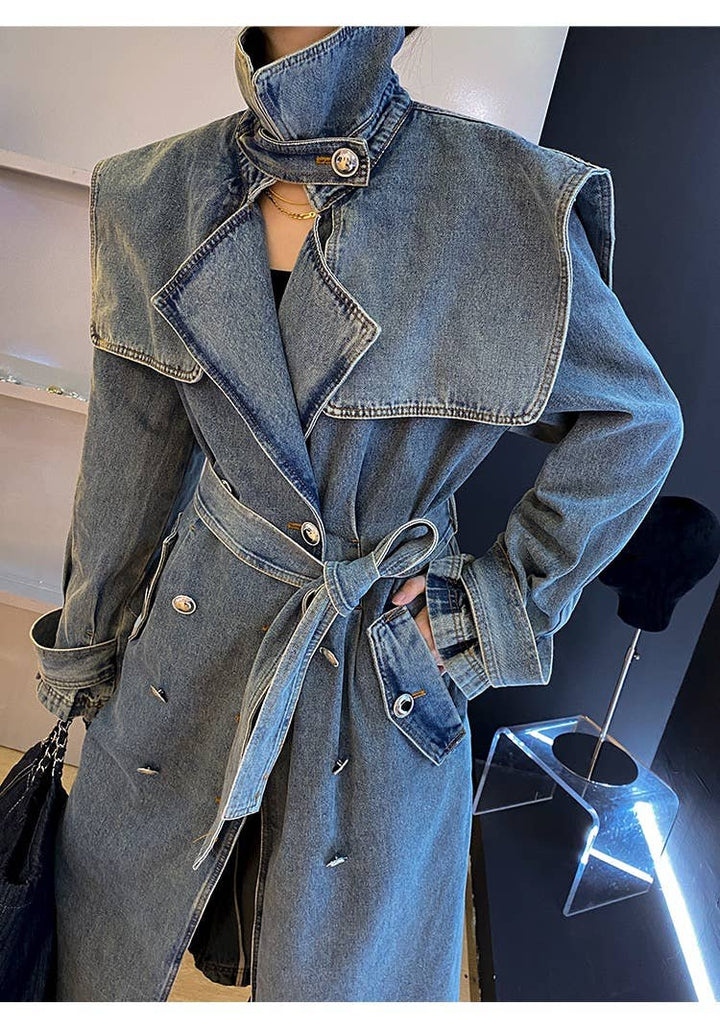 Autumn Heavy - duty Denim Collar Long Coat - The Village Retail