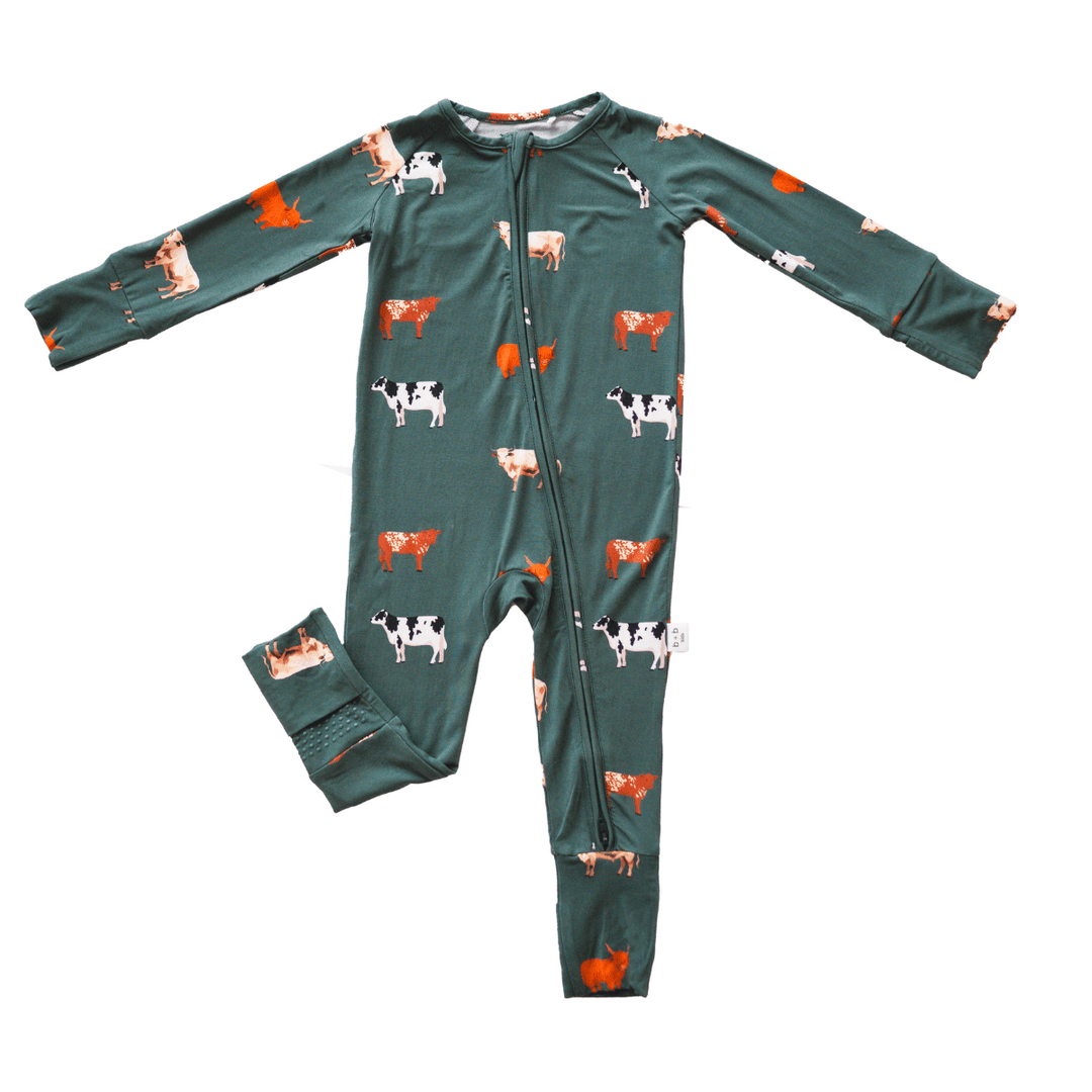 Bamboo Zip Convertible Romper – Green Cow | Ultra - Soft Baby Pajamas - The Village Retail