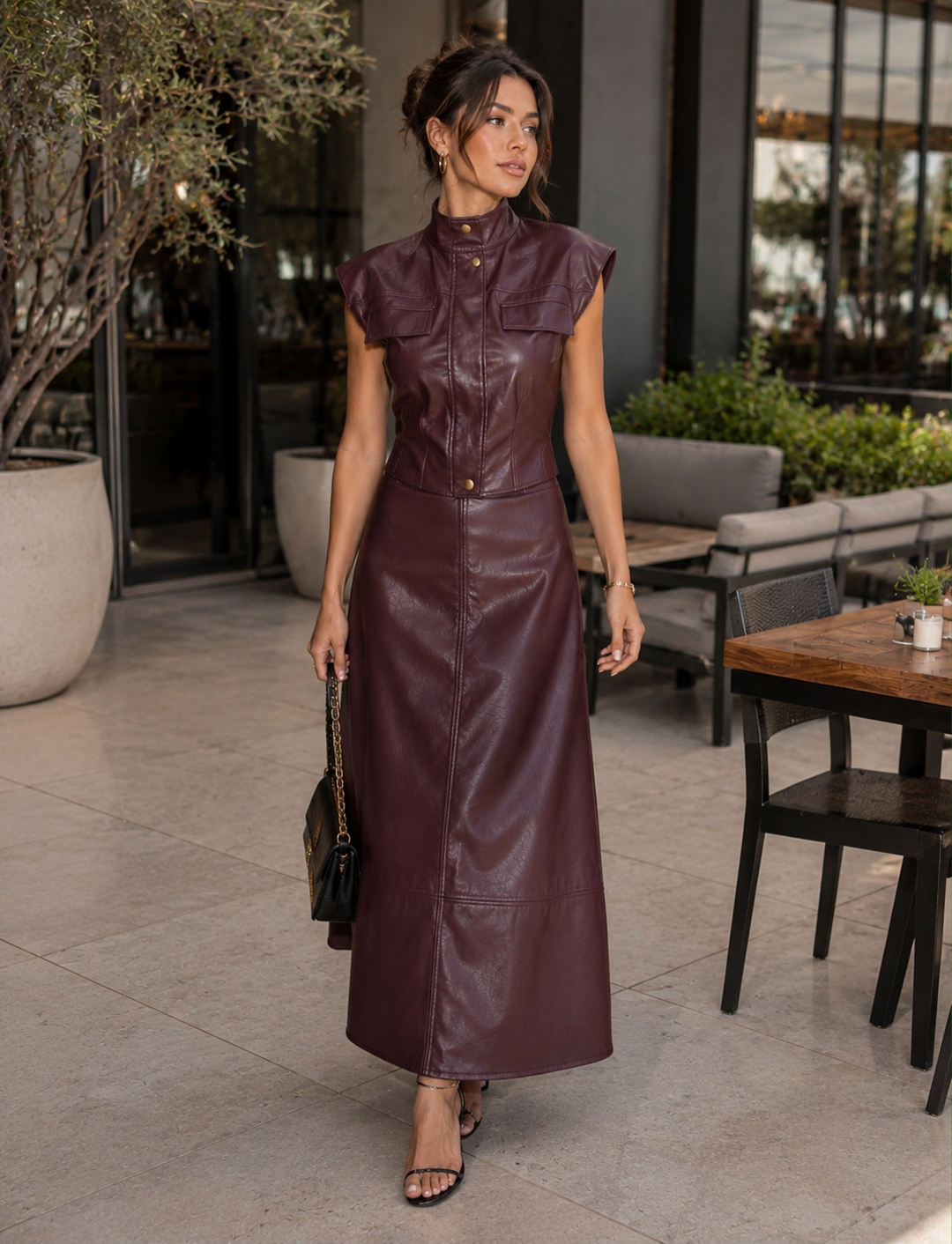 Faux Leather Utility Vest & Maxi Skirt Set