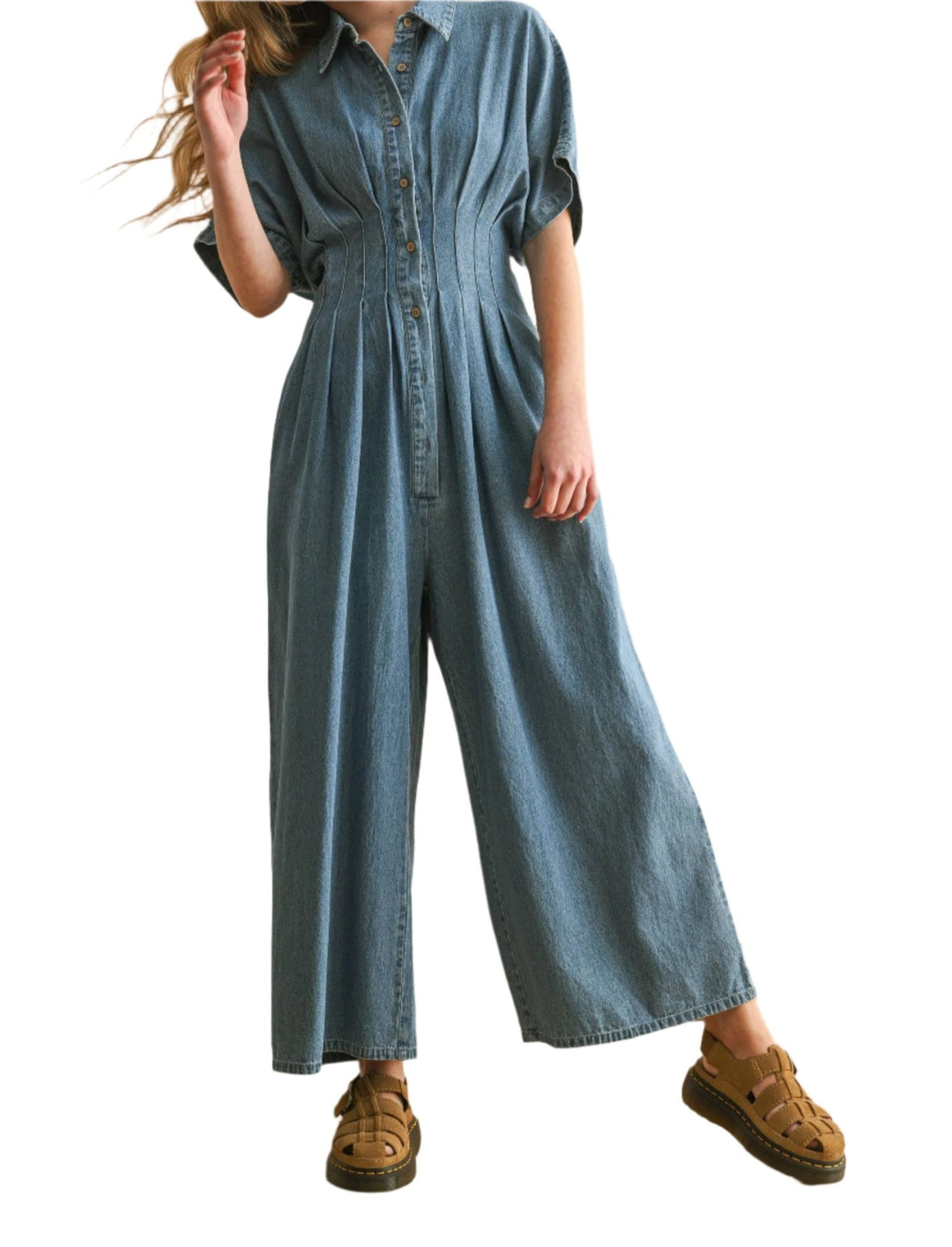 CHAMBRAY DENIM BUTTON DOWN JUMPSUIT - The Village Retail
