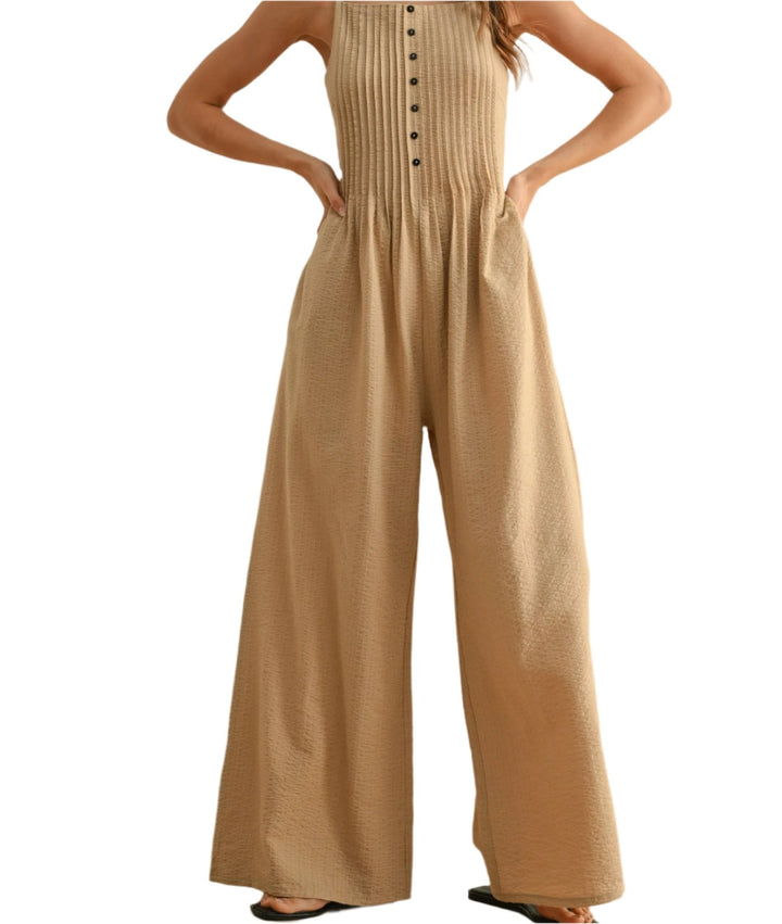 CRINKLED FABRIC JUMPSUIT WITH CONTRAST STRAP: TAN/BLACK - The Village Retail