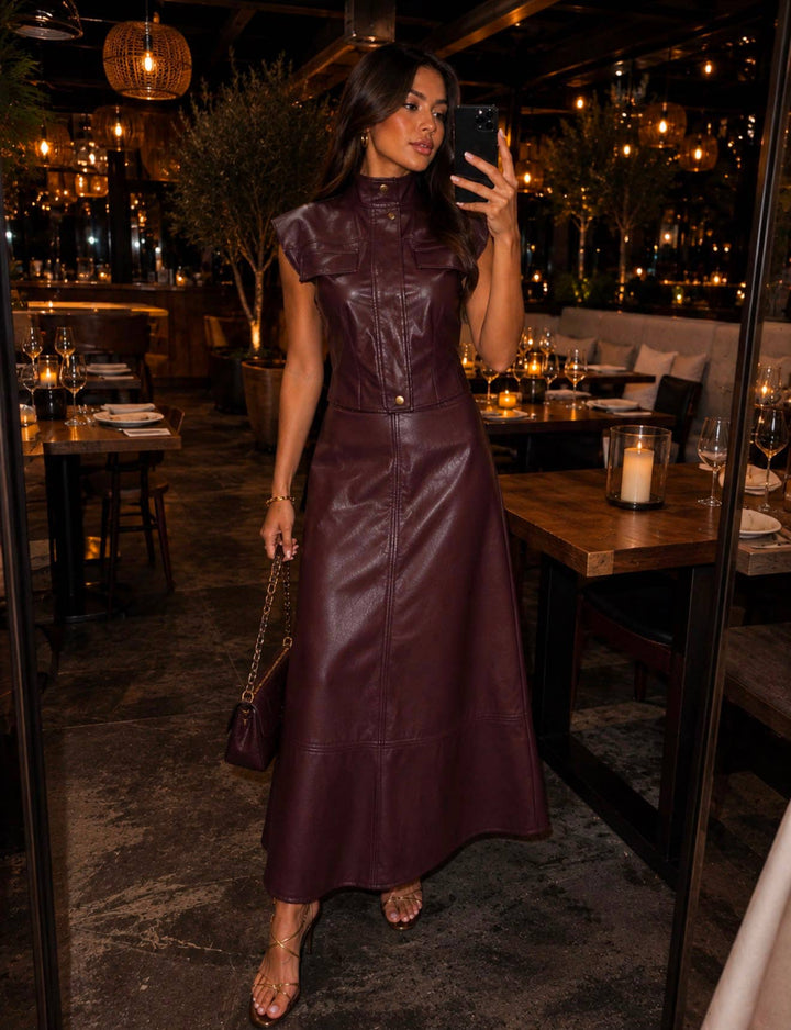Faux Leather Utility Vest & Maxi Skirt Set