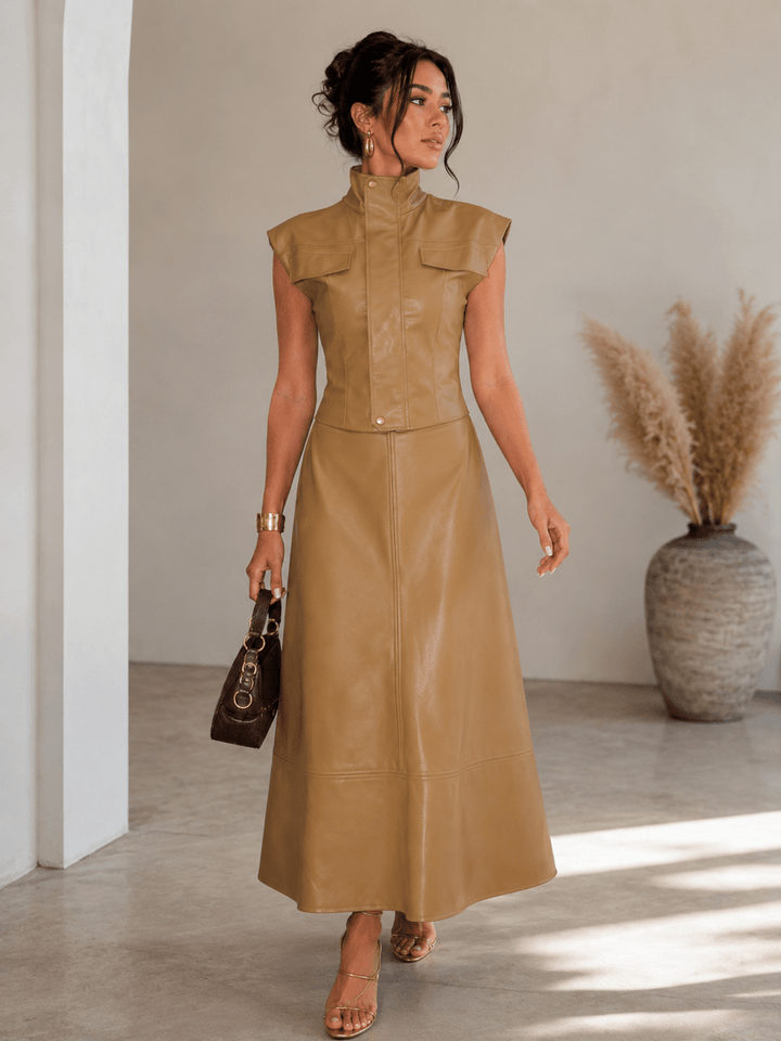 Faux Leather Utility Vest & Maxi Skirt Set - The Village Retail