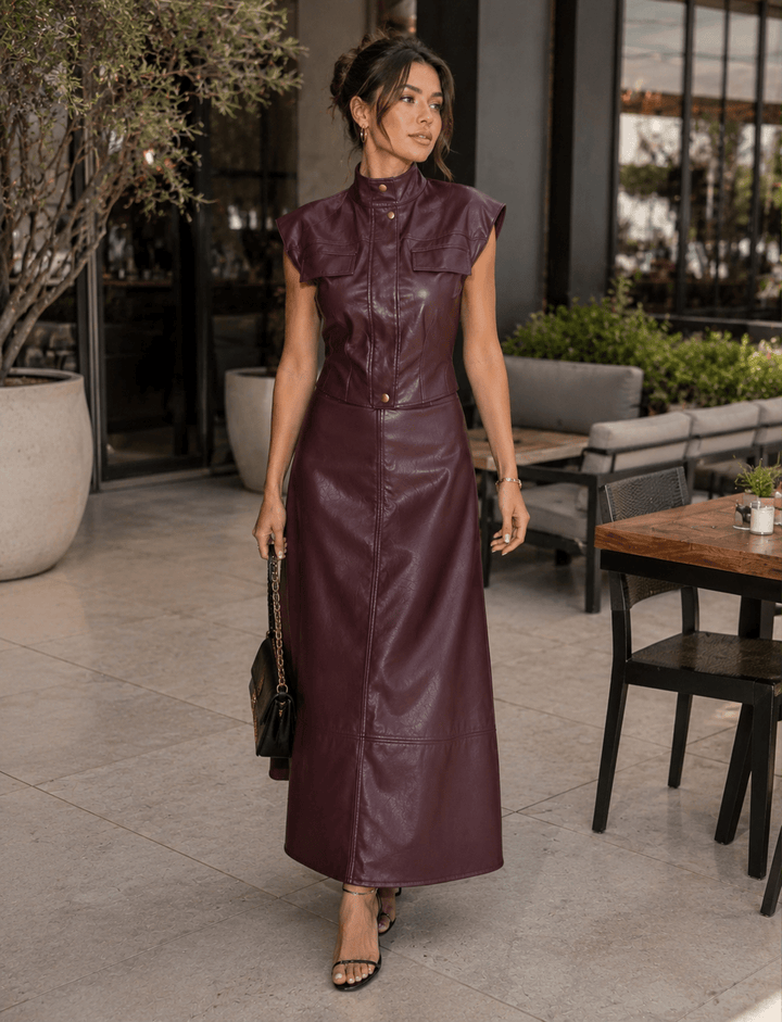 Faux Leather Utility Vest & Maxi Skirt Set - The Village Retail