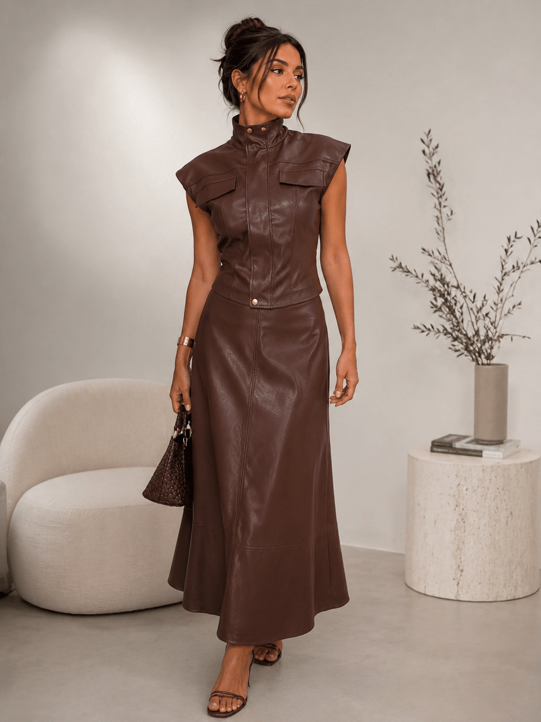 Faux Leather Utility Vest & Maxi Skirt Set - The Village Retail