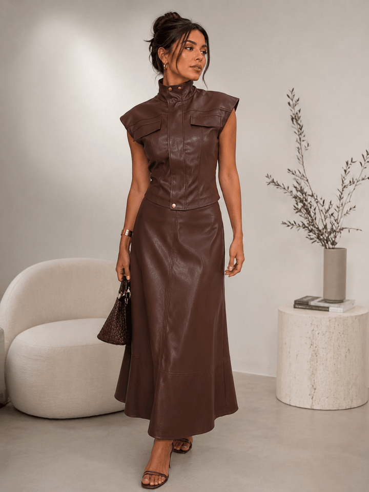 Faux Leather Utility Vest & Maxi Skirt Set - The Village Retail