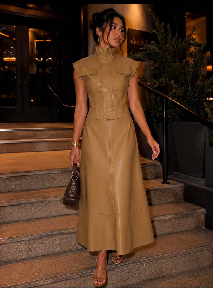 Faux Leather Utility Vest & Maxi Skirt Set - The Village Retail