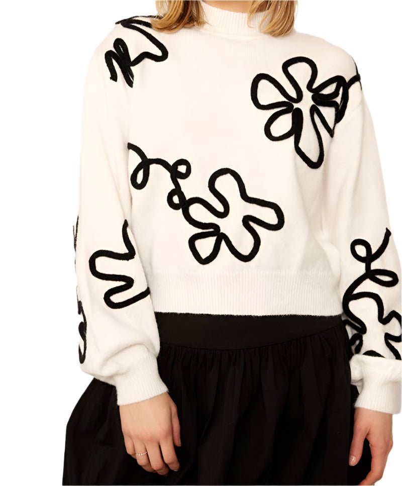 Floral Outline Mock Neck Sweater - The Village Retail