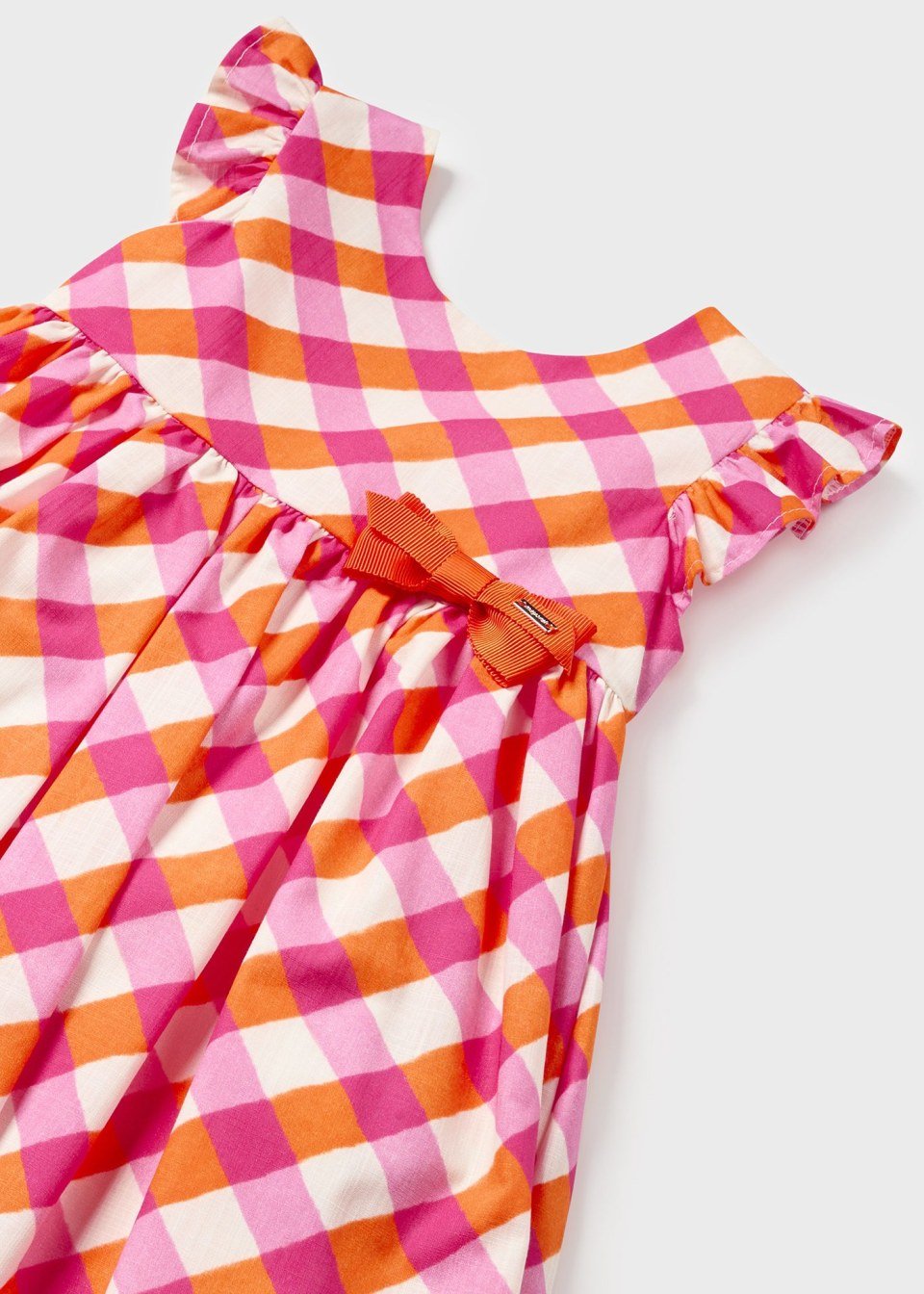 Girls' magenta/white/orange printed dress with delicate bow. - The Village Retail