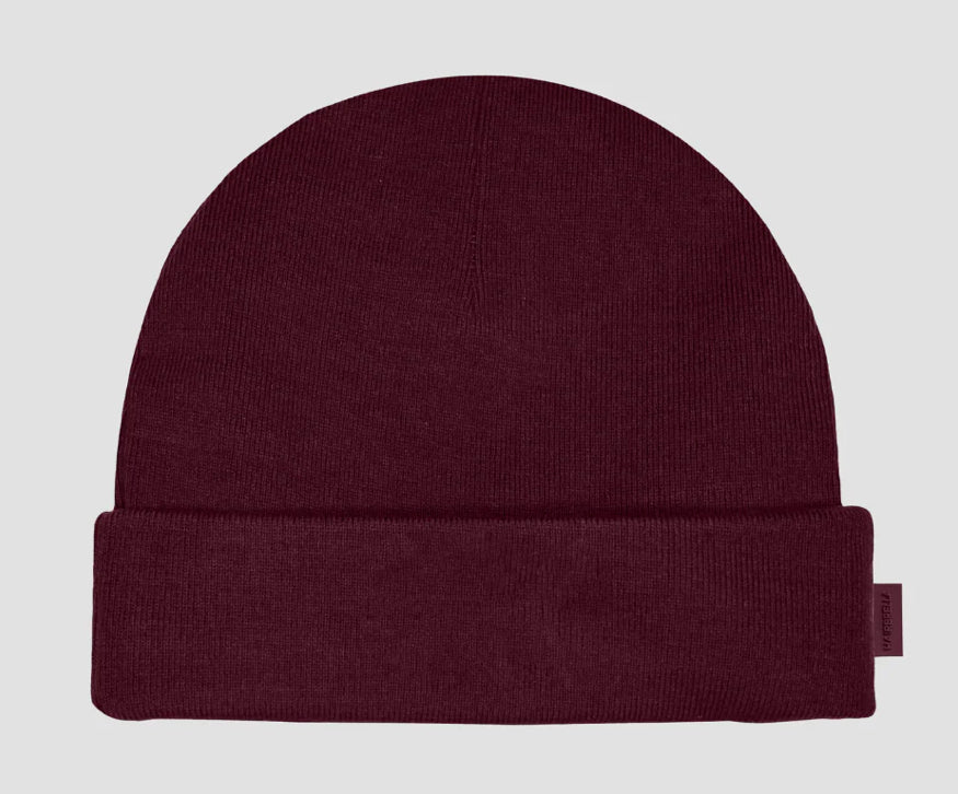 Deep plum Hairbrella kids cuffed beanie with a folded brim and small side label.