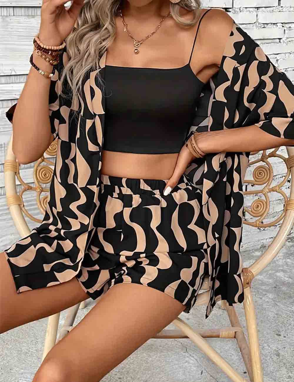 Ladies Boho 2PCS Short Sleeves Kimono Top & Shorts Set - The Village Retail