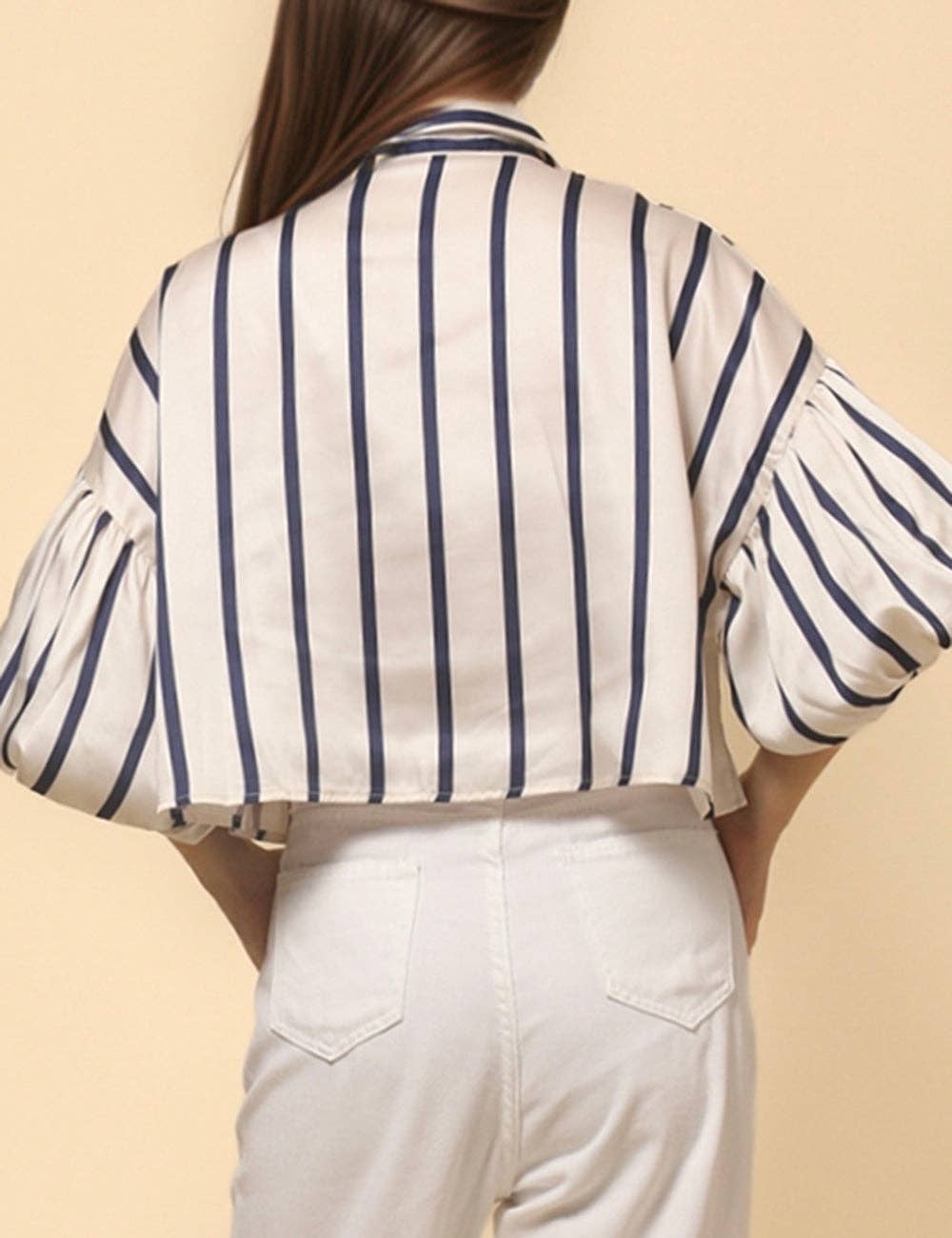 Ladies Lantern Sleeve Striped Short Shirt Light Green - The Village Retail