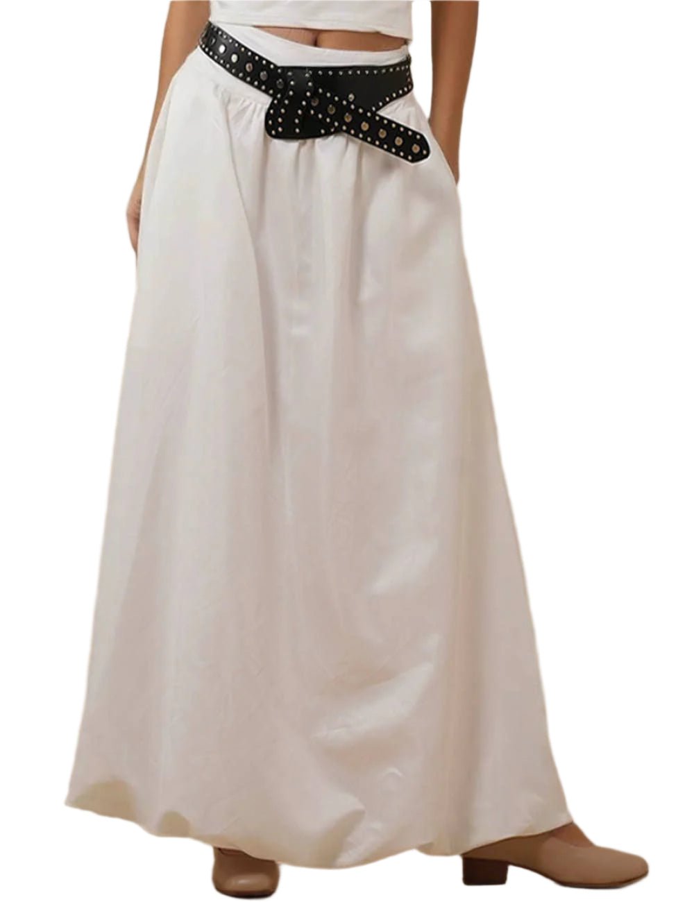 Ladies Solid Color Wide Waistband Skirt White - The Village Retail
