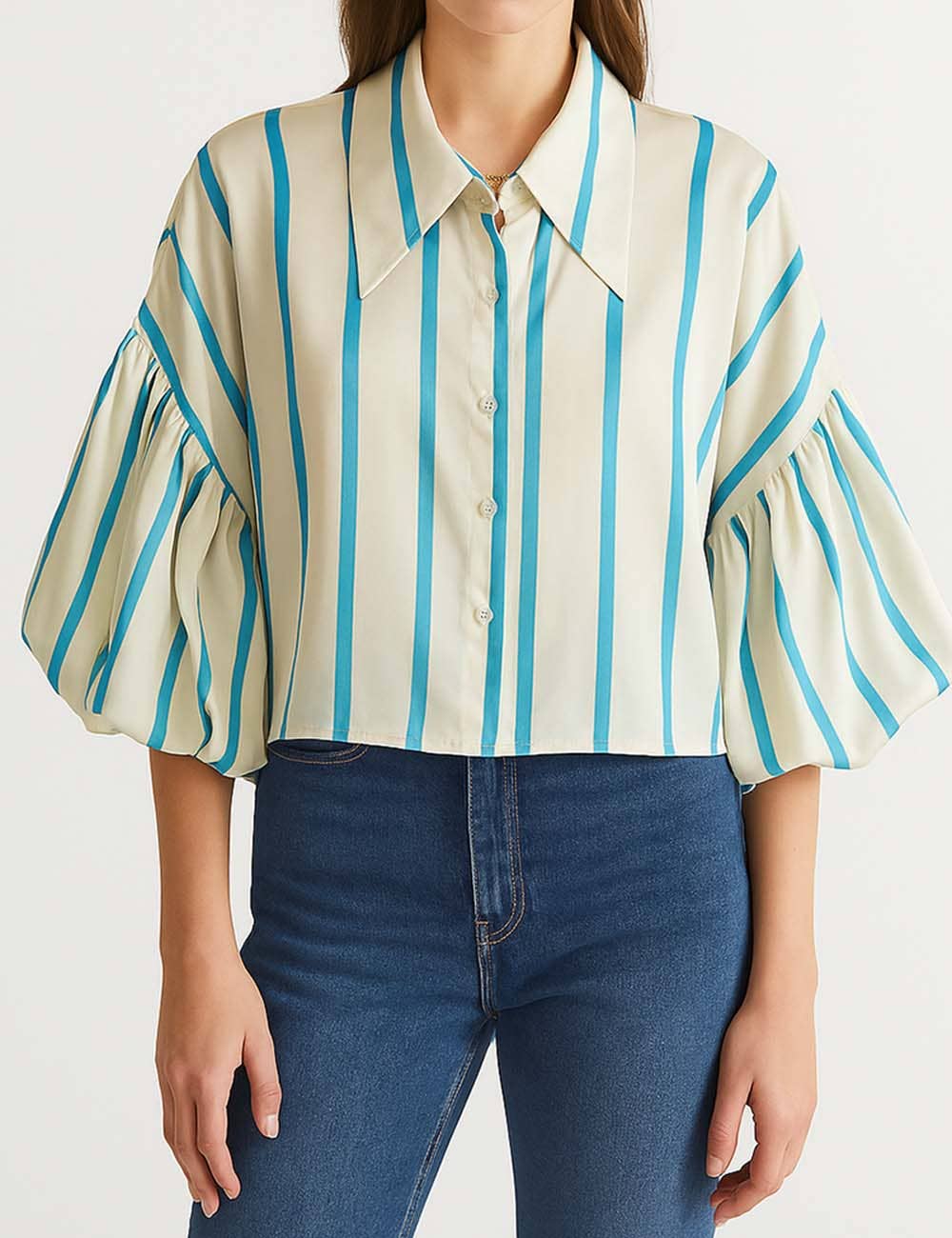 Ladies Striped Puff Sleeves Button Shirt SP068 - The Village Retail