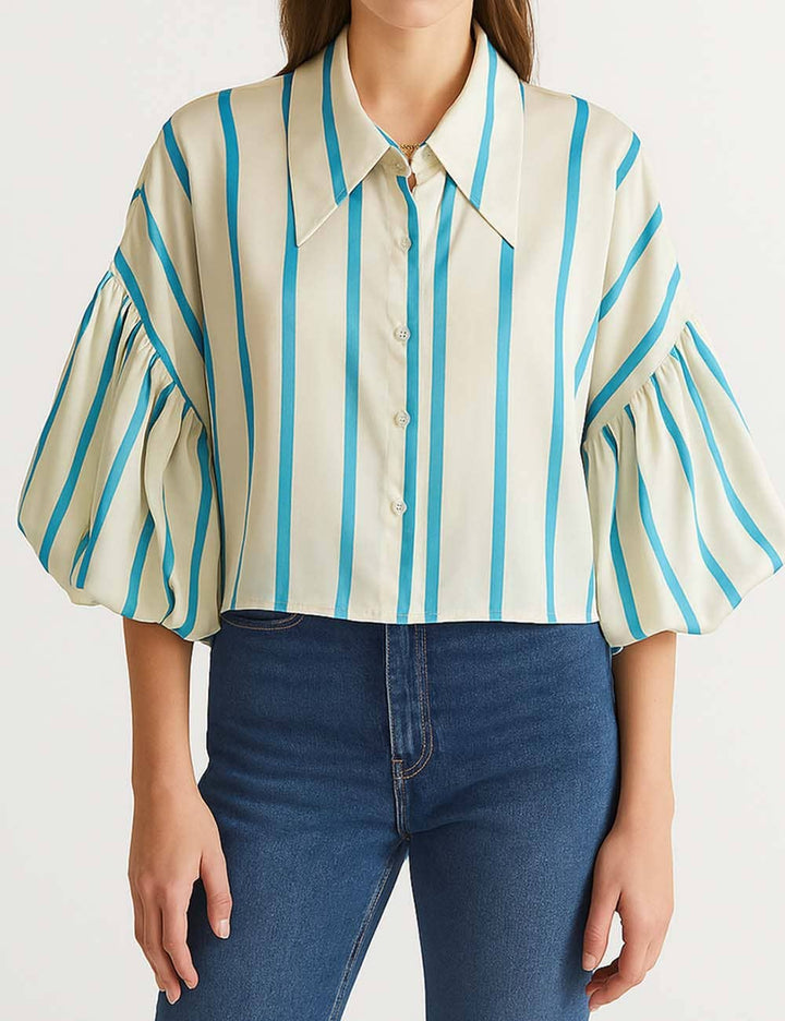 Ladies Striped Puff Sleeves Button Shirt SP068 - The Village Retail