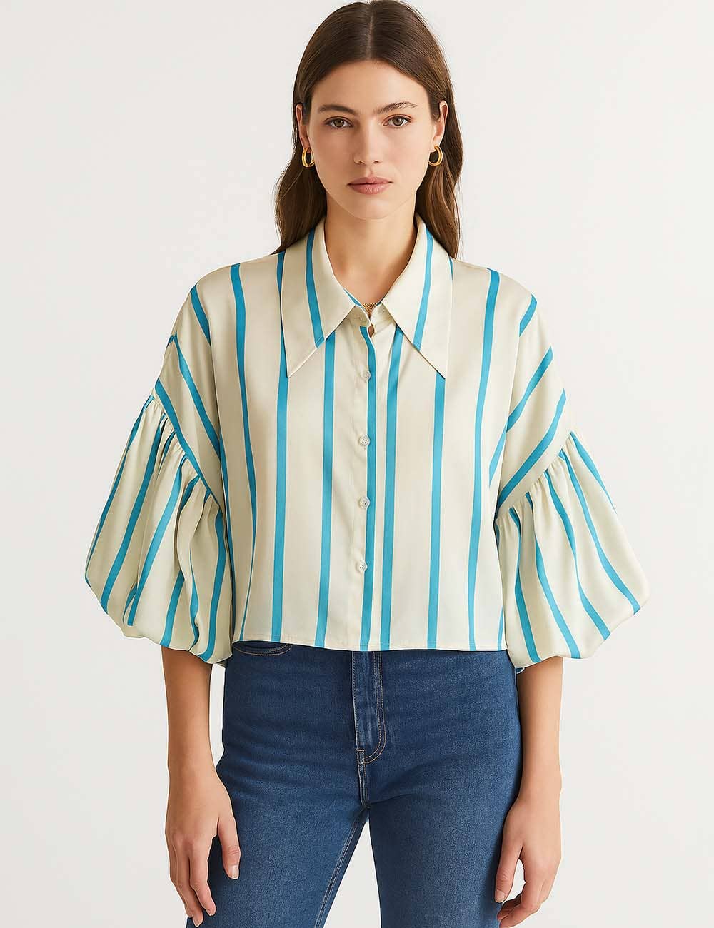 Ladies Striped Puff Sleeves Button Shirt SP068 - The Village Retail