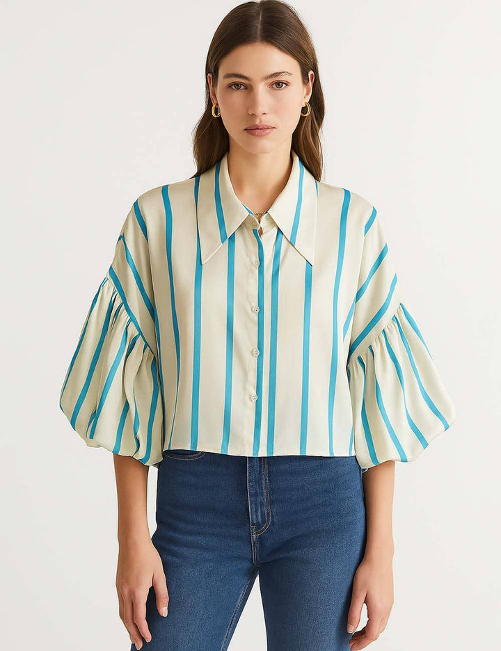 Ladies Striped Puff Sleeves Button Shirt SP068 - The Village Retail