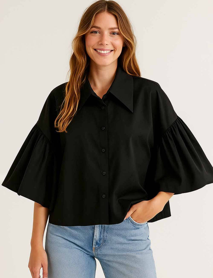 Ladies Striped Puff Sleeves Button Shirt SP068 - The Village Retail