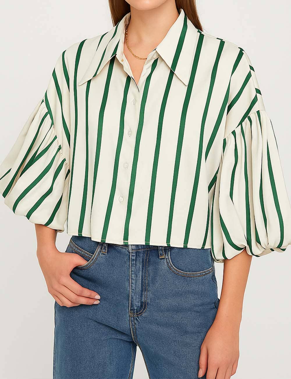 Ladies Striped Puff Sleeves Button Shirt SP068 - The Village Retail