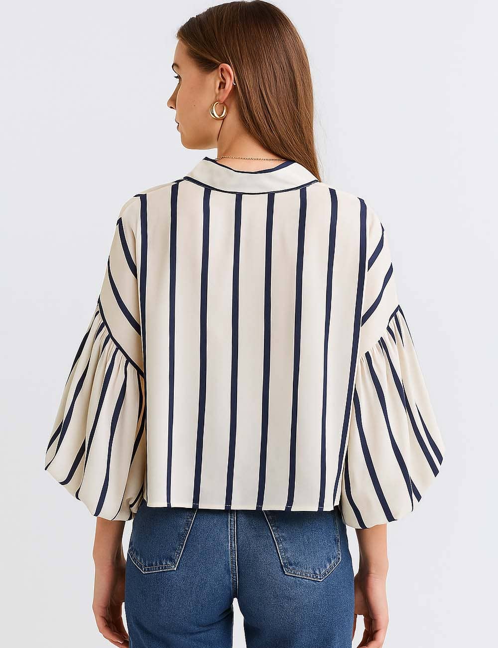 Ladies Striped Puff Sleeves Button Shirt SP068 - The Village Retail