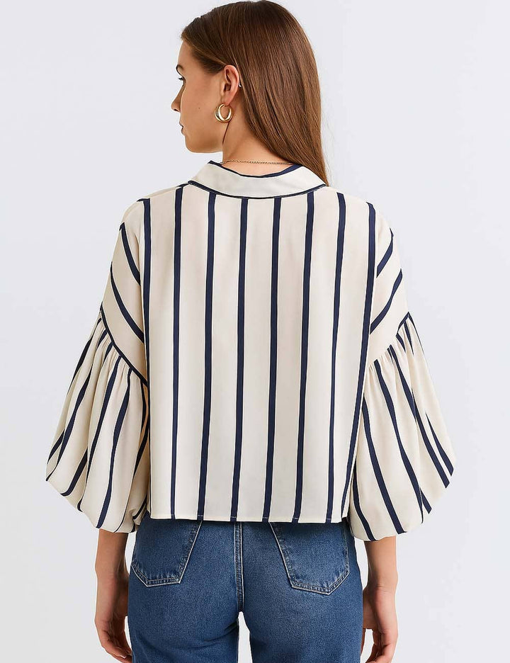 Ladies Striped Puff Sleeves Button Shirt SP068 - The Village Retail