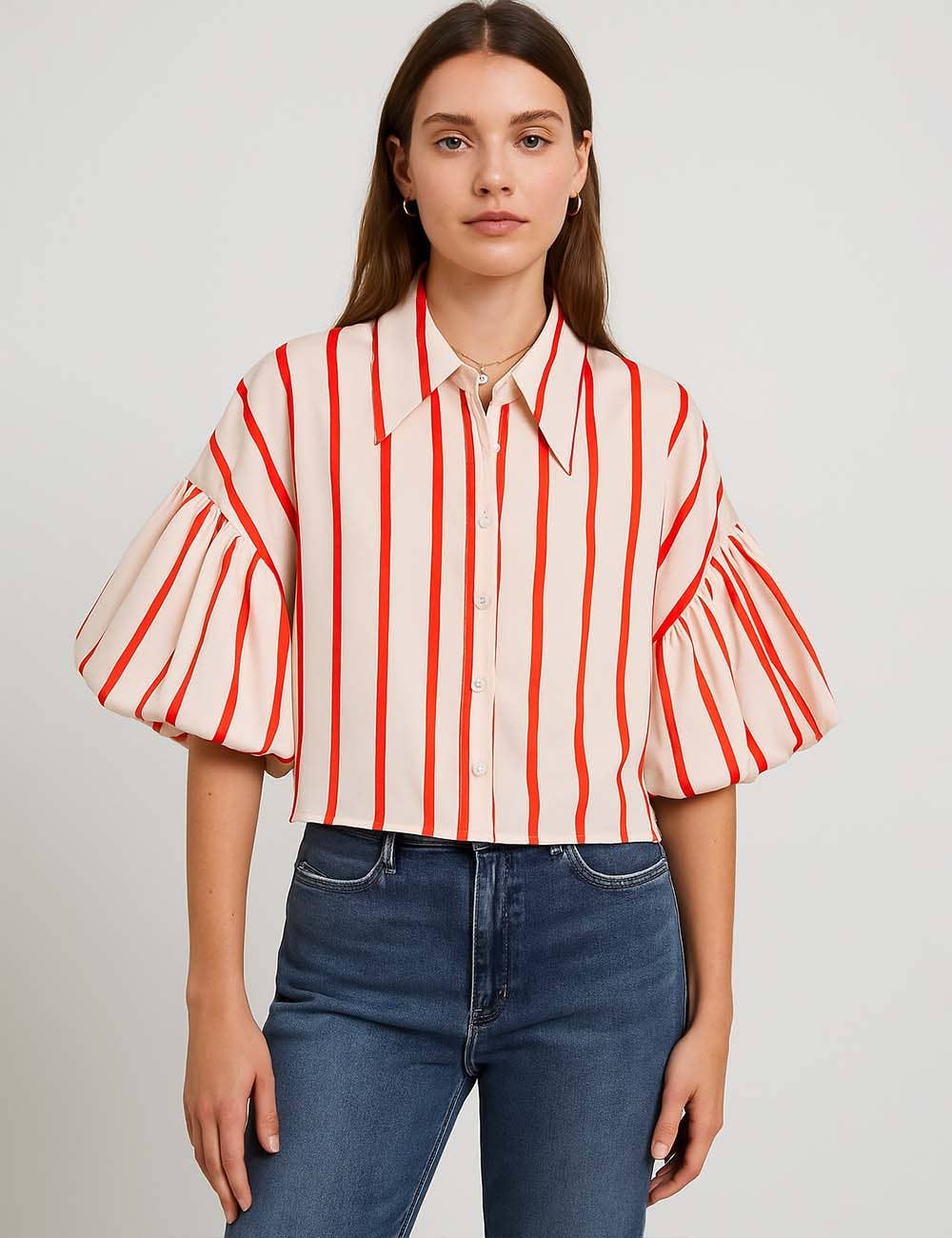 Ladies Striped Puff Sleeves Button Shirt SP068 - The Village Retail