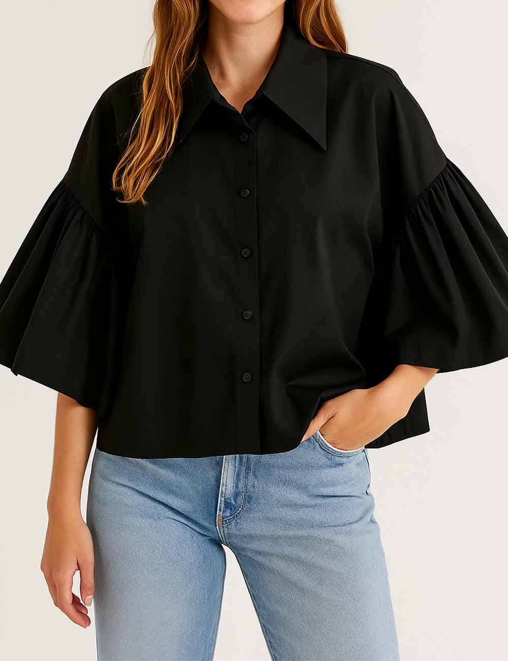 Ladies Striped Puff Sleeves Button Shirt SP068 - The Village Retail
