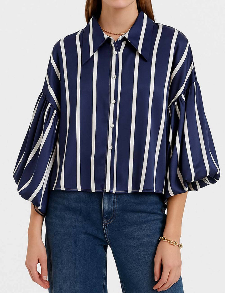 Ladies Striped Puff Sleeves Button Shirt SP068 - The Village Retail