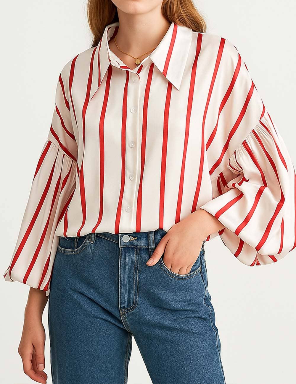 Ladies Striped Puff Sleeves Button Shirt SP068 - The Village Retail