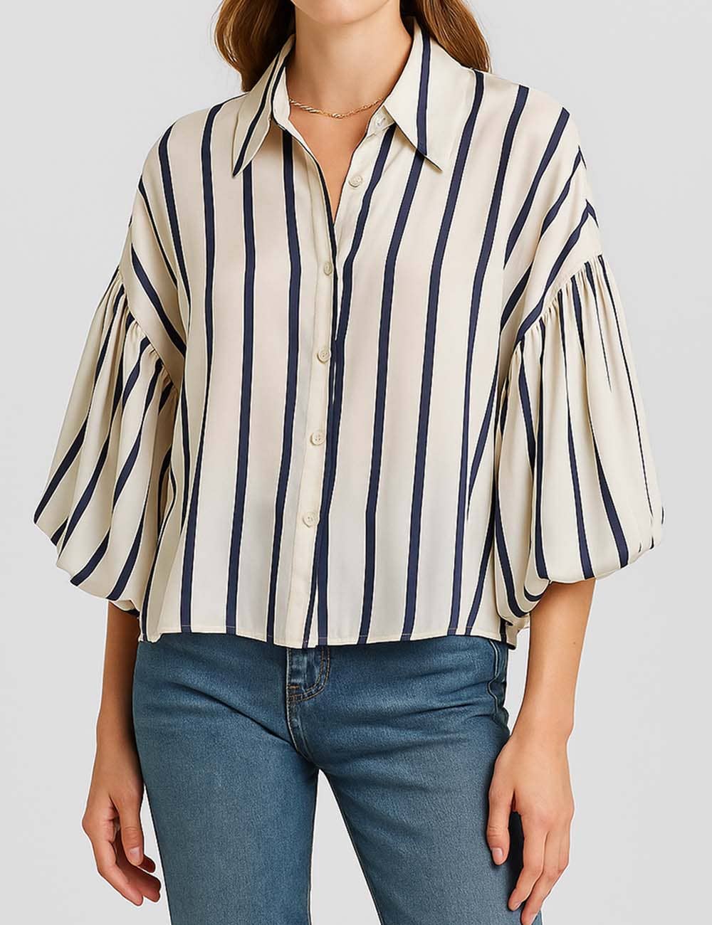 Ladies Striped Puff Sleeves Button Shirt SP068 - The Village Retail