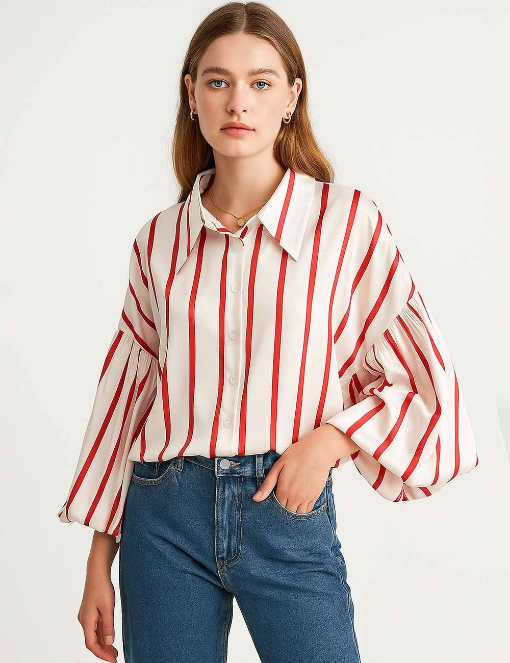 Ladies Striped Puff Sleeves Button Shirt SP068 - The Village Retail