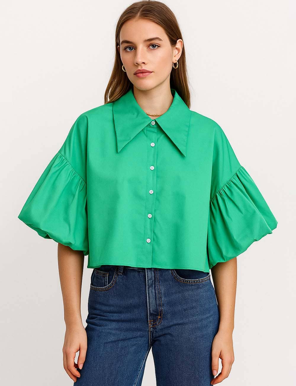 Ladies Striped Puff Sleeves Button Shirt SP068 - The Village Retail