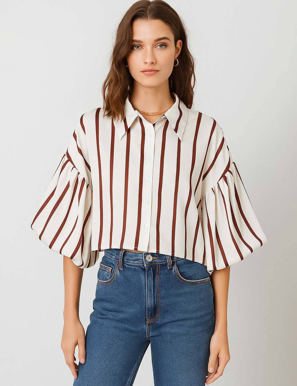 Ladies Striped Puff Sleeves Button Shirt SP068 - The Village Retail