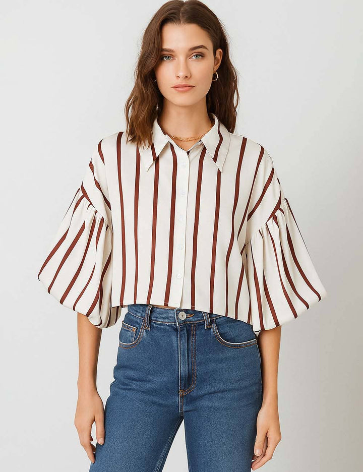 Ladies Striped Puff Sleeves Button Shirt SP068 - The Village Retail